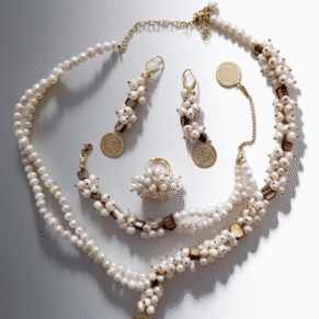 Parure perle blanche avec nacres et plaqué or