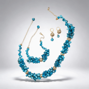 Parure perle dents de mer bleu et perle blanche et plaqué or 2