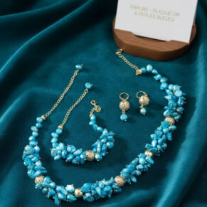 Parure perle dents de mer bleu et plaqué or