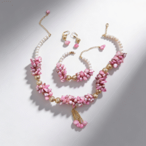 Parure perle dents de mer rose et perle blanche et plaqué or 2