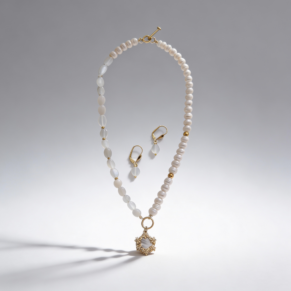 Sautoir en perles blanches et agate blanche avec boucles d’oreilles